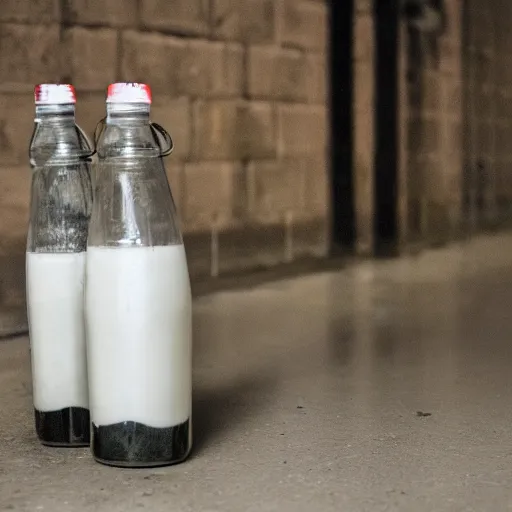 Prompt: bottle of milk inside a jailcell behind bars on the dirty floor
