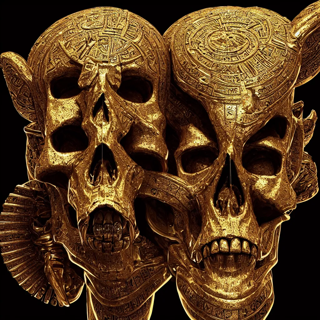 Prompt: Photorealistic epic egyptian god face close up portrait human skull, ram skull, jackal skull, gold, gemstones, gems, jewels, light beams, lens flare. ominous, ancient magic, scary intricate artwork by Tooth Wu and beeple and Jake Baddeley. octane render, trending on artstation, greg rutkowski very coherent symmetrical artwork. cinematic, hyper realism, high detail, octane render, 8k