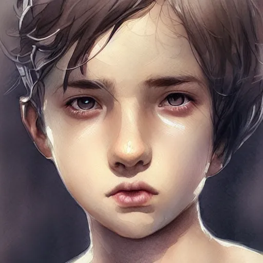Prompt: young boy, black hair, serious eyes, pink eyes, gorgeous, amazing, delicate, elegant, intricate, highly detailed, watercolor, portrait, artstation, concept art, sharp focus, illustration, art by charlie bowater and Ross tran