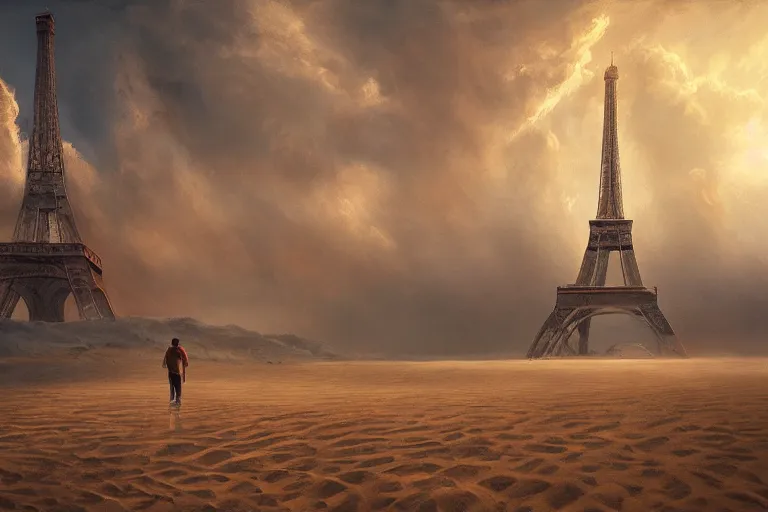 Prompt: a man in the desert looking at the summit of the Eiffel Tower emerging from the sand by Jonas De Ro, digital painting, atmospheric, sand, stormy horizon
