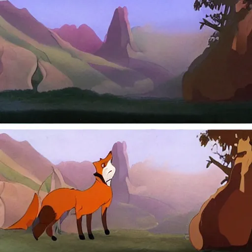 Prompt: environment matte paintings from the fox and the hound ( 1 9 8 1 )