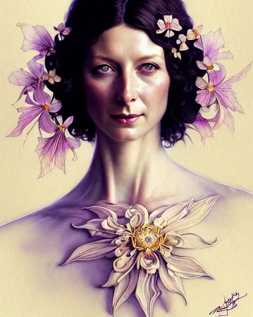 Image similar to beautiful and playful ethereal caitriona balfe ( outlander ) portrait, art nouveau, fantasy, intricate flower designs, elegant, highly detailed, sharp focus, art by artgerm and greg rutkowski and wlop