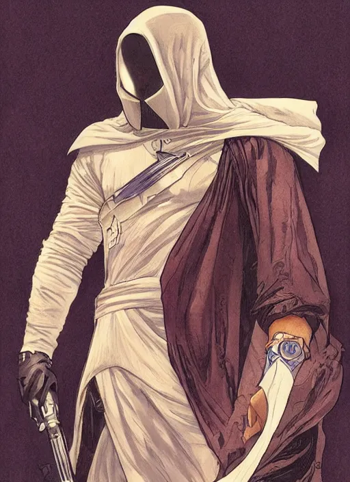 Prompt: oscar isaac as moon knight painted by artgerm and greg rutkowski and alphonse mucha