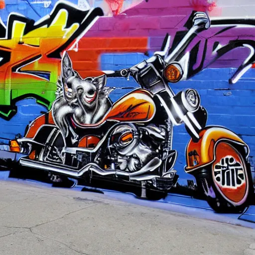 Image similar to a graffiti art of a dog ryiding an harley davidson in streets of los angeles, hd, 8 k, hyper realistic, hyper detailed,