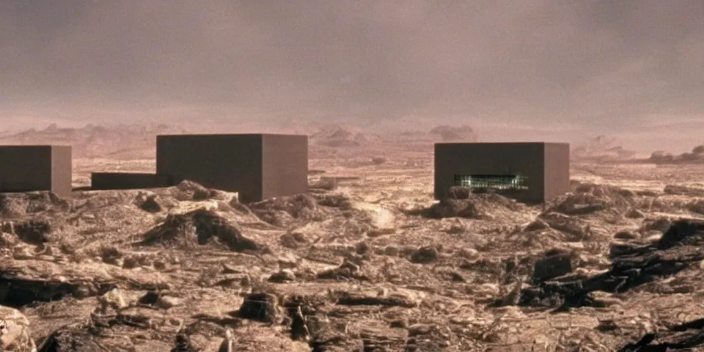 Prompt: sci - fi corporate headquarter building near a mining cave on a desolate mining planet, dark and beige atmosphere, 1 9 8 0 s science fiction film screenshot, film still, dark science fiction, ridley scott,