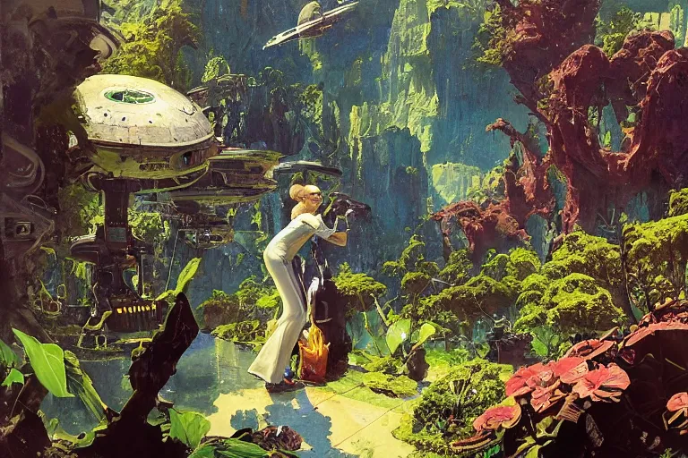 Image similar to pulp scifi illustration, space woman meets science fiction lizard in beautiful garden, flowers, baobab trees, distant town in valley and hills, spacehip lands, by norman rockwell, jack kirby, john berkey, bergey, craig mullins, ruan jia, raymond swanland, jeremy mann, beksinski, tom lovell, alex malveda, schomburg