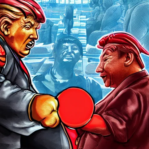 Image similar to xi jinping vs donald trump, street fighters, street fighter, fight, against, digital art, cartoon style