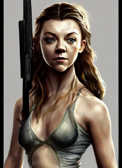 Prompt: a beautiful painting of Natalie Dormer as lara croft, detailed, trending on artstation, hd, masterpiece