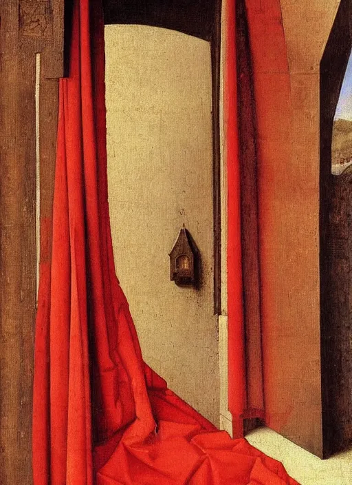 Image similar to red curtain on the floor, medieval painting by jan van eyck, johannes vermeer, florence