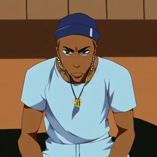 Image similar to Tupac Shakur, screenshot from a 2012s anime