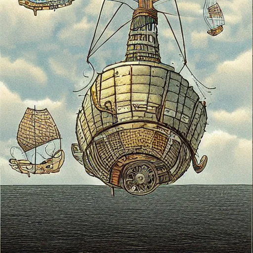 Image similar to a steampunk airship with sails, drawn by Jon Scieszka