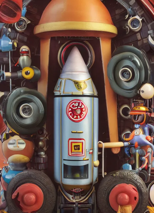 Image similar to closeup of a tin toy retro rocket spaceship, depth of field, zeiss lens, detailed, symmetrical, centered, fashion photoshoot, by nicoletta ceccoli, mark ryden, lostfish, earl nore, hyung tae, frank frazetta, breathtaking, 8 k resolution, extremely detailed, beautiful, establishing shot, artistic, hyperrealistic, octane render