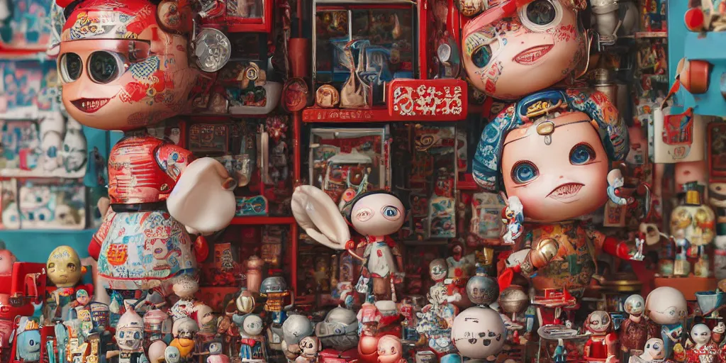 Prompt: closeup portrait of tin toy retro tokyo corner store, depth of field, zeiss lens, detailed, centered, photoshoot, by nicoletta ceccoli, mark ryden, lostfish, breathtaking, 8 k resolution, extremely detailed, beautiful, establishing shot, artistic, hyperrealistic, octane render, - h 8 0 4
