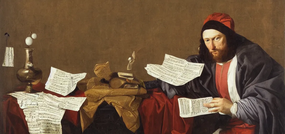 Image similar to Renaissance oil portrait of a man studying a soccer team sheet and tactics board, a soccer ball falling on his head, high-quality realistic oil painting with detailed strokes, robed Renaissance scholar,