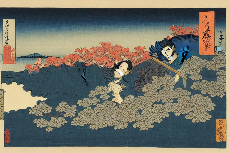 Image similar to a masterpiece ukiyo - e painting of a scene with irises and birds by katsushika hokusai, utagawa kuniyoshi and utagawa hiroshige, hyperdetailed, intricate, complex, 4 k