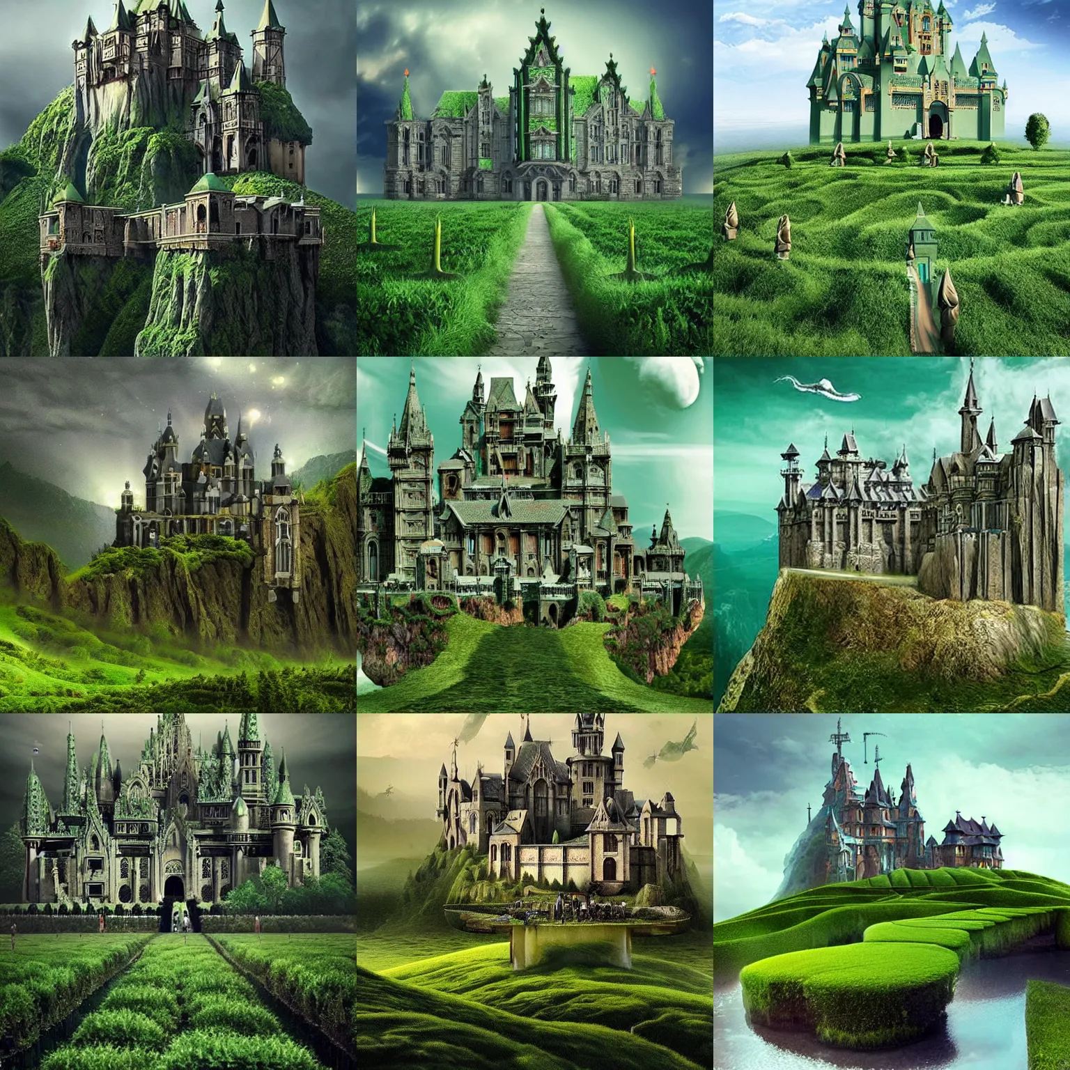 Prompt: thousands of green monks and a beautiful, vast, photo - realistic, surreal, and mysterious sci - fi castle outside under the sky. trending on gothic art.