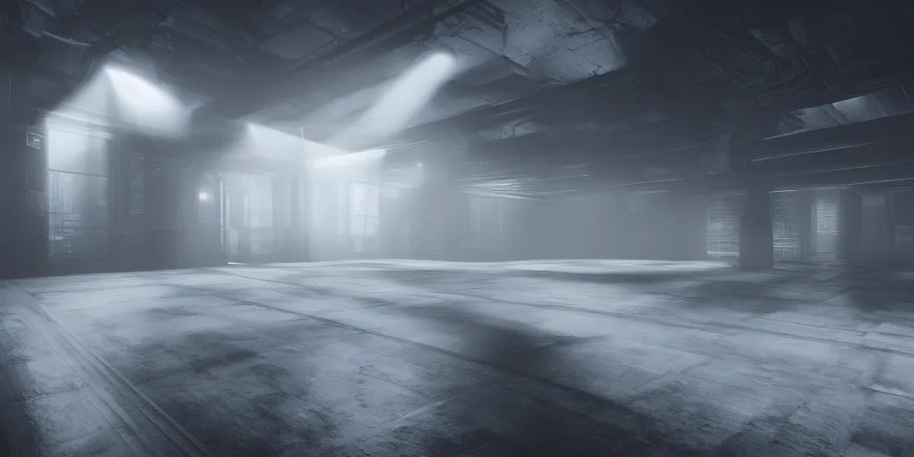 Image similar to a long angle shot of a big dark room with white lights on the celling, highly detailed, unreal engine, 4 k, dark, moody, foggy, game render, hyper realistic