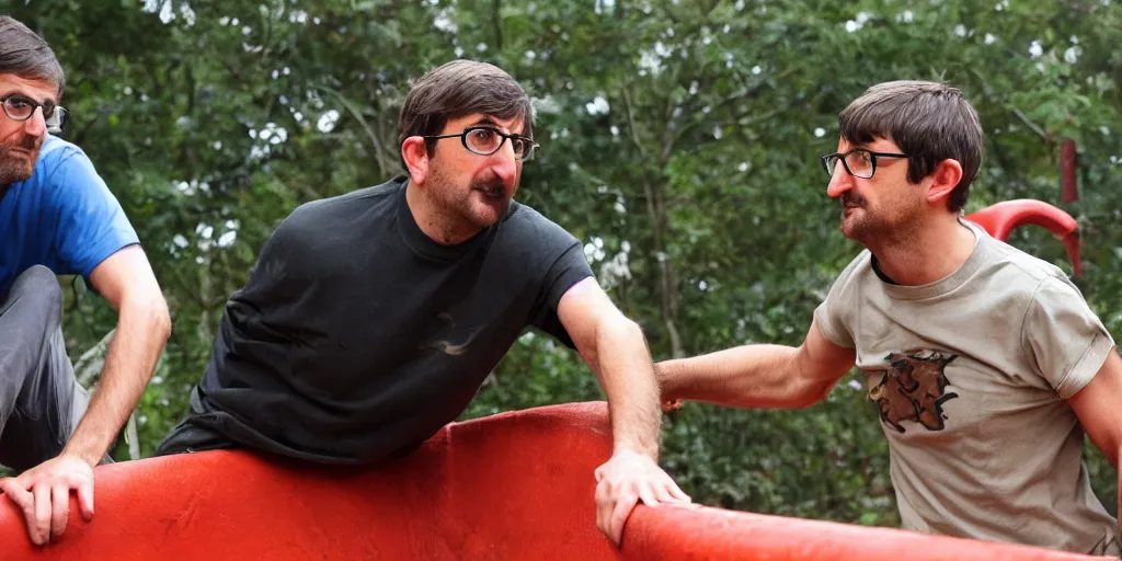 Image similar to Louis Theroux climbing through things, big playground, mike tyson, ufos, tiger king, interview