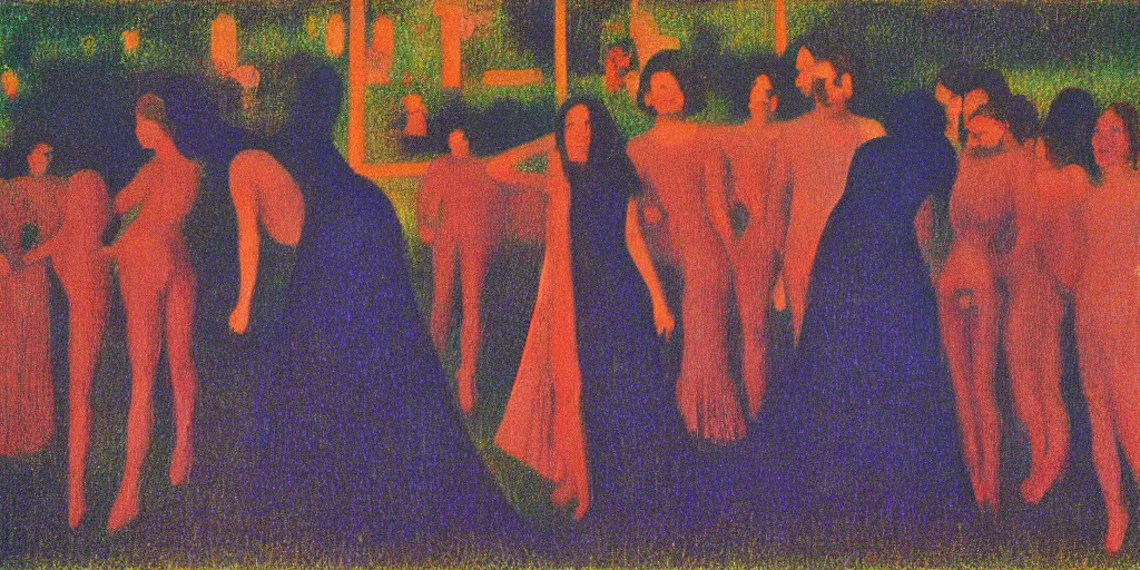 Image similar to a film still of suspiria by dario argento 1 9 7 7 movie, painted by georges seurat, by manet, impressionism, pointillism, high quality, detailed, print!, poster,