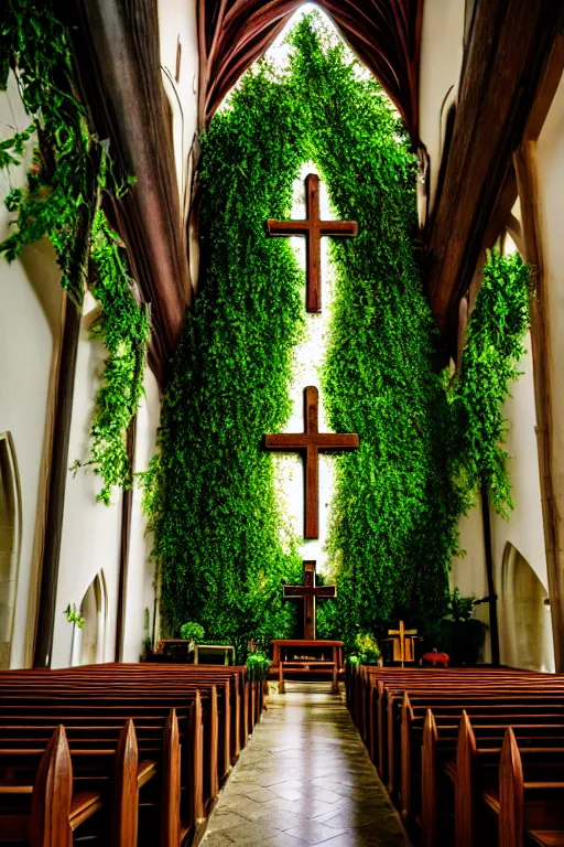 Image similar to photo inside a church overgrown by lush plants, ornate