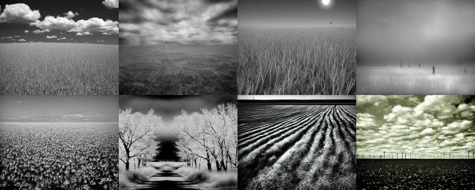 Prompt: 'I see a land of dark and empty fields. I see the dark and empty eyes of the dead. This photo could be used to make a kind of nanotechnology tattoo, if the person used the right equipment.', infrared photography by ann garret