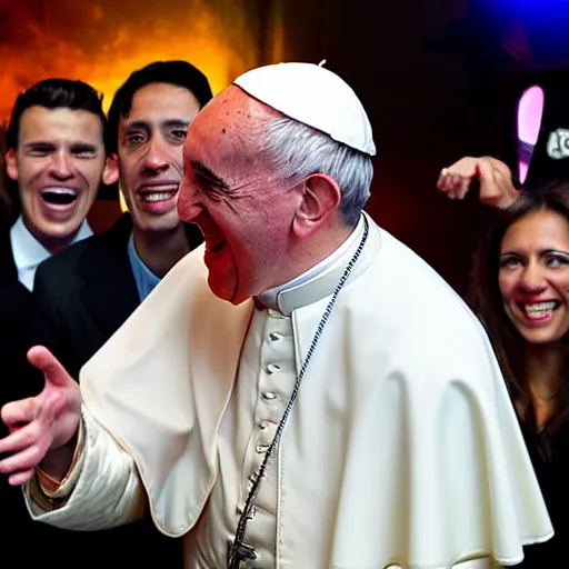 Prompt: the pope at a dj event dancing with wild fury, barack obaama laughing