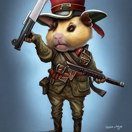 Image similar to cute little anthropomorphic Guinea Pig Soldier wielding a revolver in city, tiny, small, short, WW1 USA outfit, cute and adorable, pretty, beautiful, DnD character art portrait, matte fantasy painting, DeviantArt Artstation, by Jason Felix by Steve Argyle by Tyler Jacobson by Peter Mohrbacher, cinematic lighting