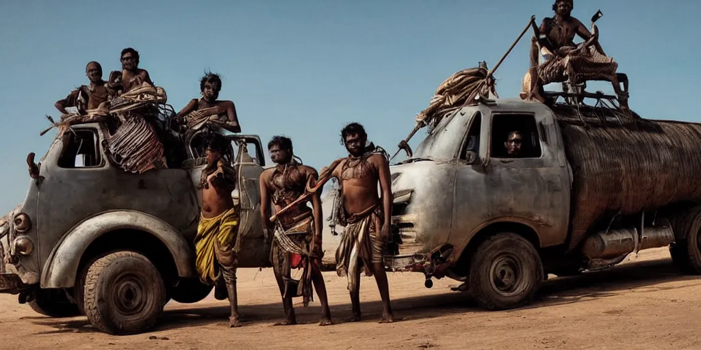 Image similar to sri lankan mad max style, bongo drum players on top of a truck, film still, epic shot cinematography, rule of thirds