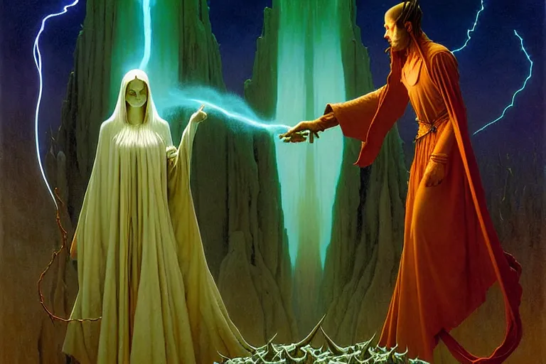 Image similar to the female arcanist and the male artificer by albert bierstadt and gerald brom and zdzisław beksinski and james gilleard and wayne barlowe and marc simonetti and jean delville, beautiful, robes, highly detailed, hyperrealistic, intricate, energy, electricity, blue flame, low light, green crystal, high contrast