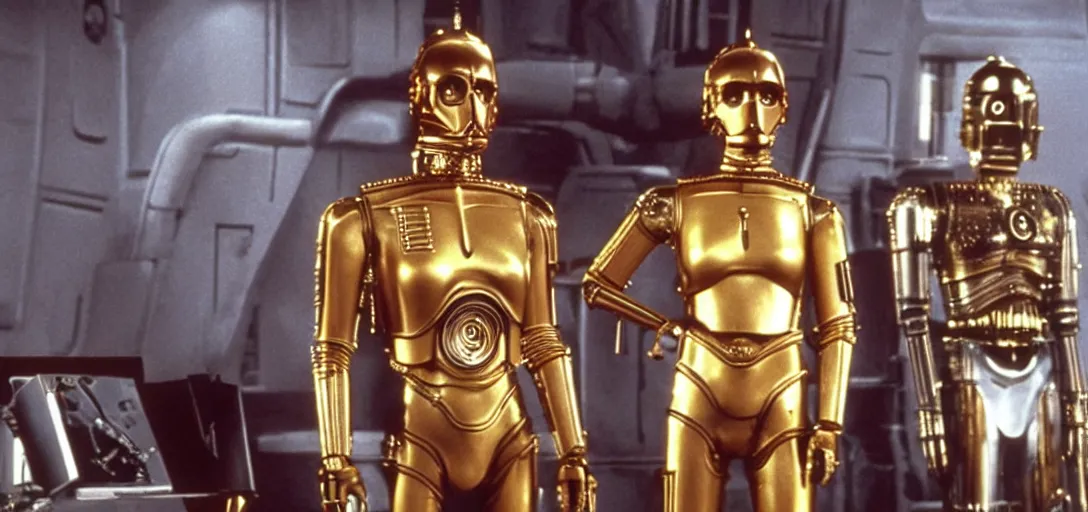 Prompt: a still of Scarlett Johansson next to C3PO in return of the jedi (1983)