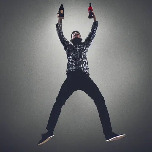 Image similar to man jumping while holding a bottle by album cover, UHD, 4K, 8K