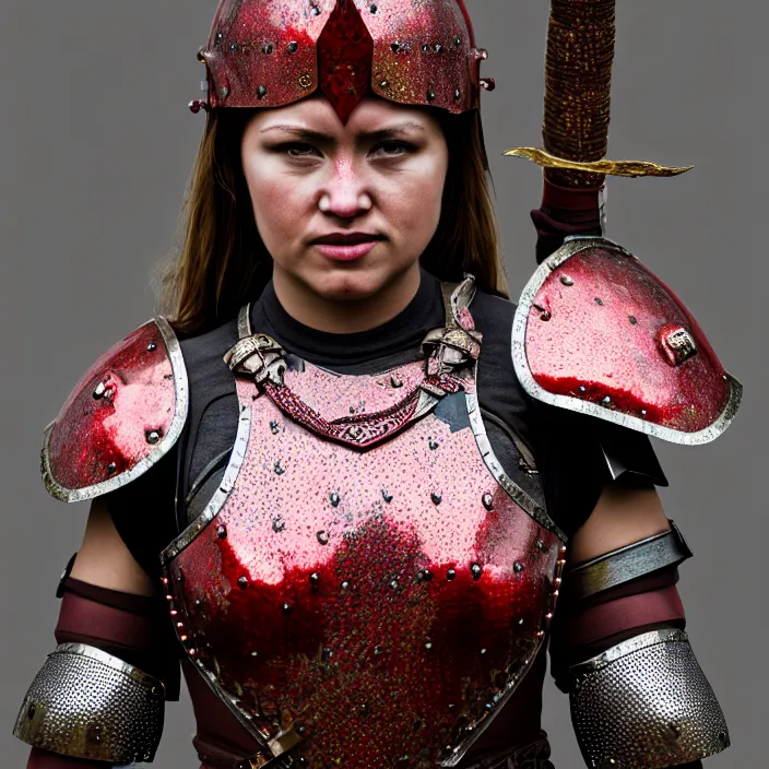 Image similar to photograph of a real-life female warrior with ruby encrusted armour. Extremely detailed. 8k