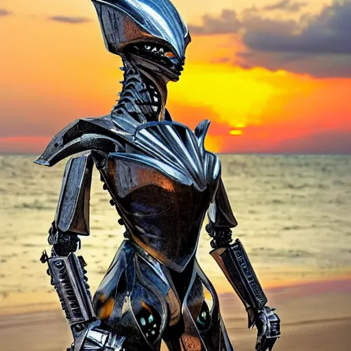 Image similar to chest up shot, realistic detailed stunning beautiful armored humanoid robot anthropomorphic female dragon, looking to the side with an elegant pose of hand on hip, smooth and streamlined armor and design made of steel, sharp claws and sharp teeth, high quality head, Slick LEDs, standing on two legs, on the beach during sunset, high quality, cinematic art, sci fi, sunset lighting, 3D render, 8k, artstation, deviantart, furaffinity