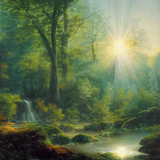 Image similar to a forest oasis, rock pools, harmony of nature, infinite dawn, angelic light, sparkling dew, by asher brown durand, by iyoshitaka amano