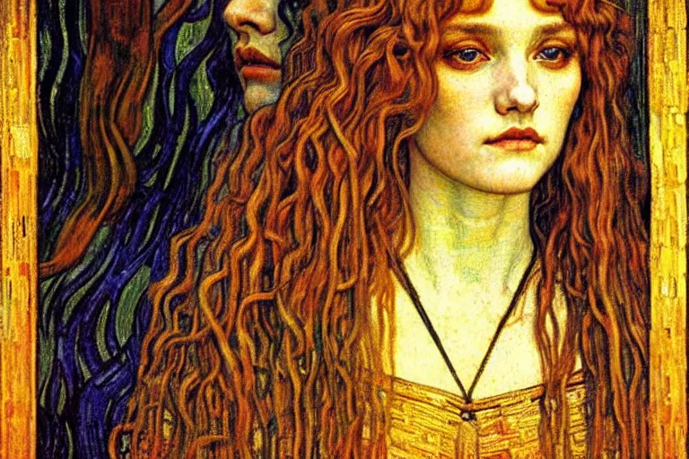 Image similar to detailed realistic beautiful young medieval queen face portrait by jean delville, gustav klimt and vincent van gogh, art nouveau, symbolist, visionary, gothic, pre - raphaelite, muted earthy colors, desaturated