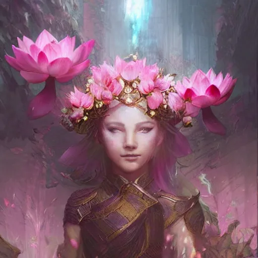 Image similar to Lotus floral crown girl, pink Lotus queen, epic fantasy style art by Craig Mullins, fantasy epic digital art, epic fantasy art by Greg Rutkowski