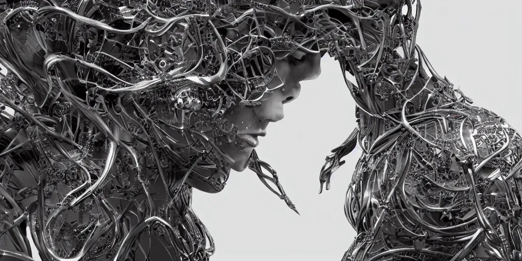 Image similar to hyperrealistic photography of a stunningly beautiful cyborg male, consciences being installed sci - fi, intimate, intricate filigree, fibonacci, in the style of beth cavener, jin kagetsu, and wlop, highly detailed, chrome face symmetry, masterpiece, award winning, sharp focus, concept art, high key, ambient lighting, 8 k, octane render,