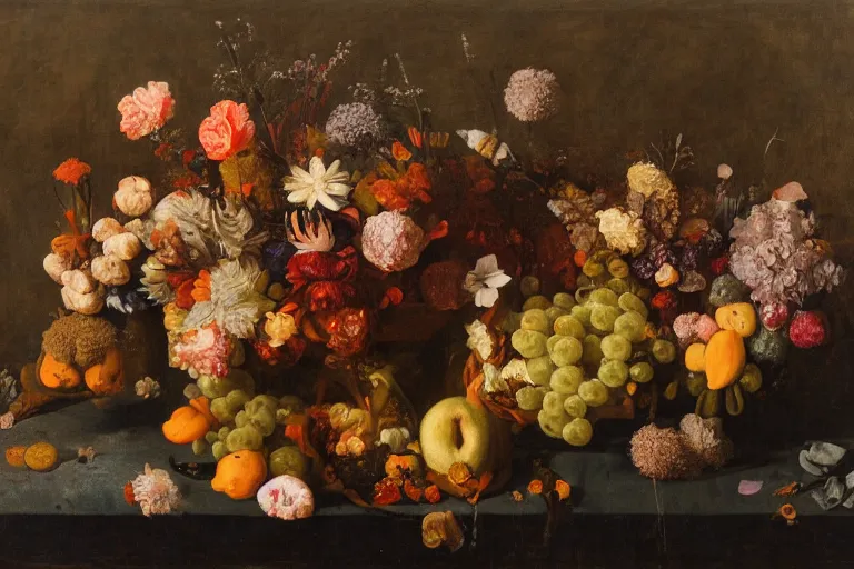 Image similar to underwater still life with flowers and fruit in the style of the dutch masters, dark and moody