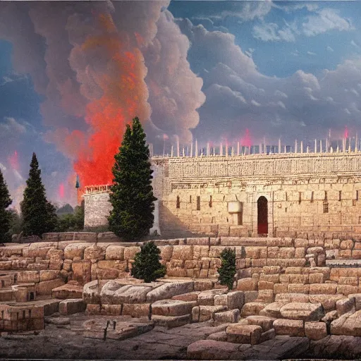 Prompt: a beautiful detailed and realistic matte painting of the ancient Temple of Jerusalem aflame