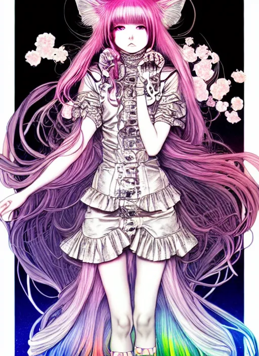 Image similar to highly detailed terada katsuya artstation artgerm manga poster of cat girl mechine, rainbow gradient reflection, ayami kojima, long hair, armor, dress, laces, ruffles, 8 k, maximalist, takato yamamoto