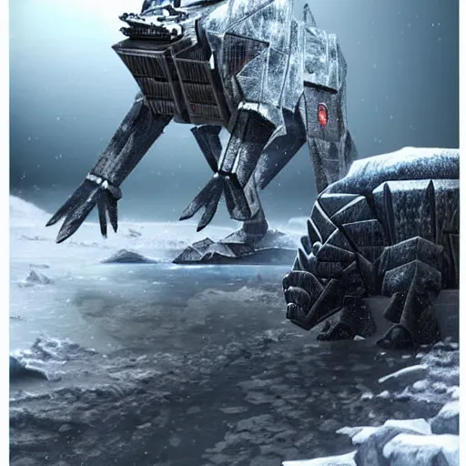 Image similar to a fusion between the tarrasque and an AT-AT, flat grey color, completely metal, walking across ice planet, hyper-realistic CG