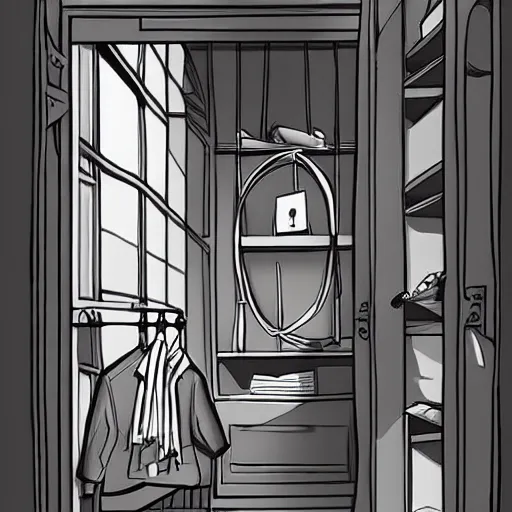 Prompt: an open wardrobe revealing the entrance to a fantastic world, storybook illustration, monochromatic