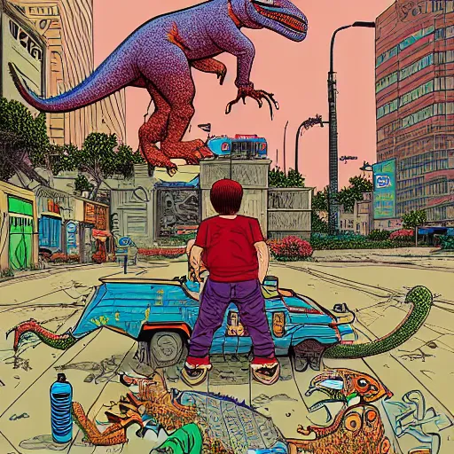 Image similar to intricate detailed color illustration of a cyberpunk street kid with a pet dinosaur, in the style of Geof Darrow