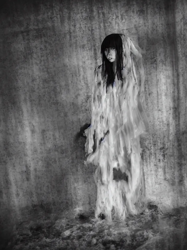 Prompt: cute drooping ectoplasmic fumo plush gothic maiden ghost apparition girl, in the lobby of a flooded abandoned hotel, tattered black and white dress, bokeh