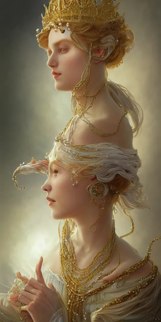 Image similar to a realistic liquid queen with a decorated dress made of white pearls , highly detailed, digital painting, Trending on artstation , HD quality, by artgerm and greg rutkowski and alphonse mucha, dramatic light, octane