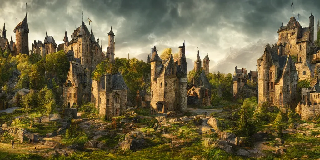 Prompt: landscape with a medieval gothic castle and a medieval village in a valley, hyperrealistic, realistic, photorealistic, dynamic lighting, highly detailed, cinematic landscape, studio landscape, studio lighting