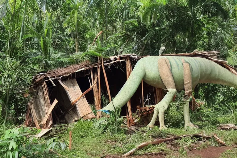 Prompt: 4 meter tall unknown living herbivor dinosaur destroying huts in small jungle settlement, shaky amateur photos by witnesses