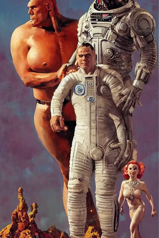 Prompt: full body portrait of gigantic martyn ford as mayan god standing beside elegant space woman in latex spacesuit, by norman rockwell, jack kirby, jon berkey, earle bergey, craig mullins, ruan jia, jeremy mann, tom lovell, marvel, astounding stories, 5 0 s pulp illustration, scifi, fantasy, artstation creature concept