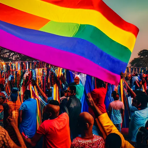 Image similar to photo of crowd of men with rainbow flags dancing at ( ( ( ( taj mahal ) ) ) ), cinematic color grading, soft light, faded colors, well framed, sharp focus, 8 k