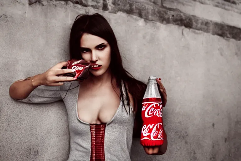 Image similar to beautiful summer fashion model woman drinking a Coca-Cola by Alessio albi